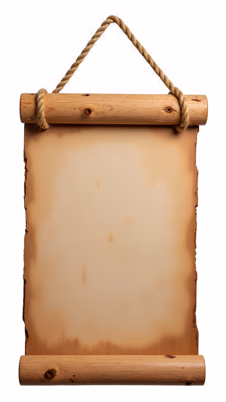 Blank scroll with aged parchment and rustic wooden frame.