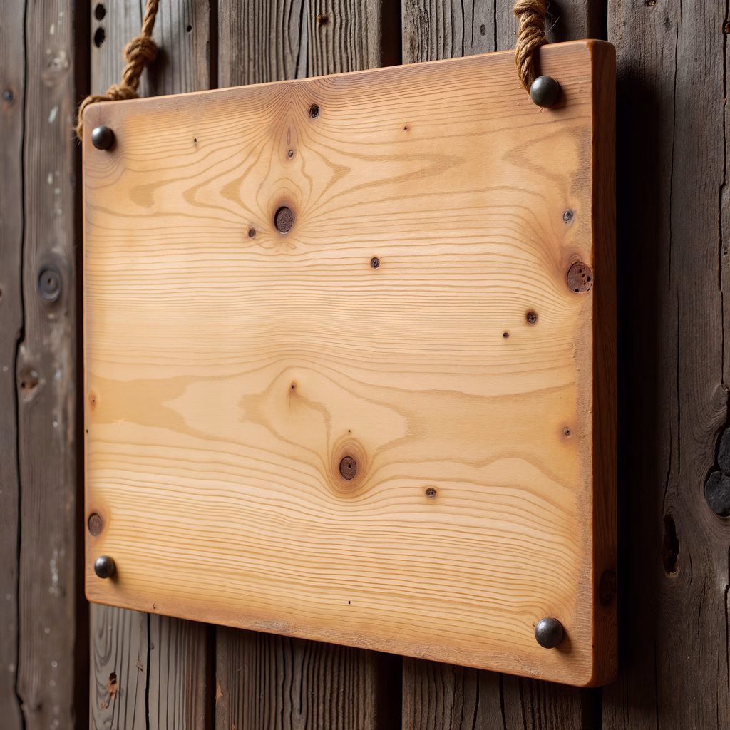 Close-up of a blank wooden plaque against a rustic wooden backdrop.
