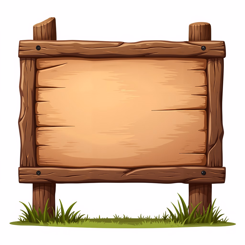 Cartoon-style blank wooden sign with natural wood grain and green grass.