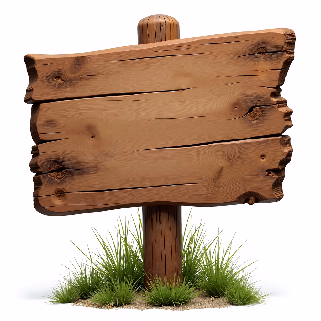 Blank wooden sign with natural textures and greenery against a white backdrop.
