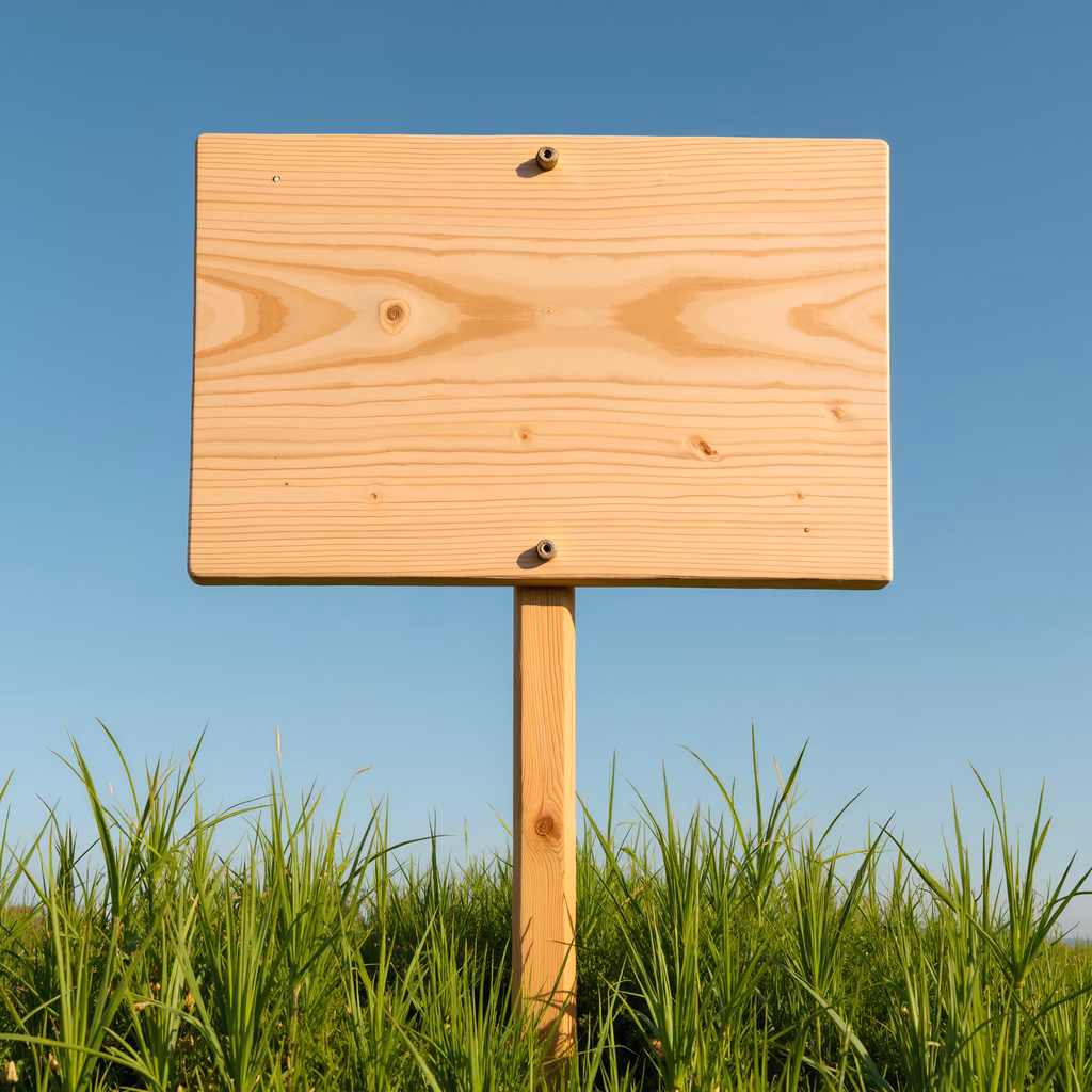 Blank wooden sign amidst green field under blue sky