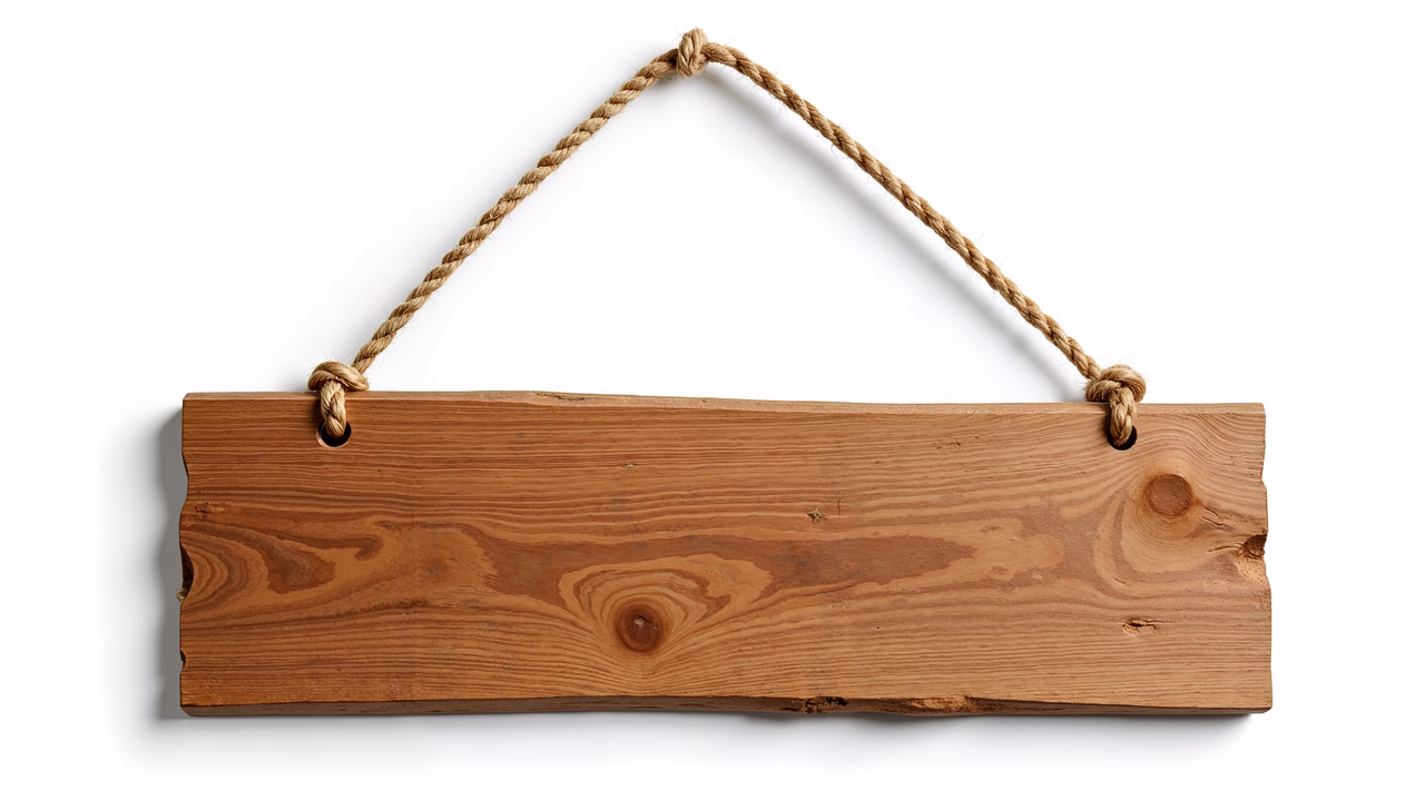 Rustic wooden sign hanging on a rope, minimalist design.