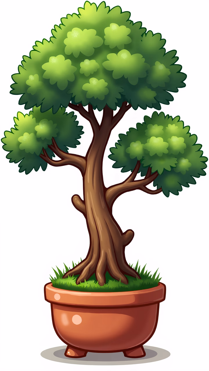 A beautifully illustrated bonsai tree in a terracotta pot, showcasing vibrant greens and intricate details.