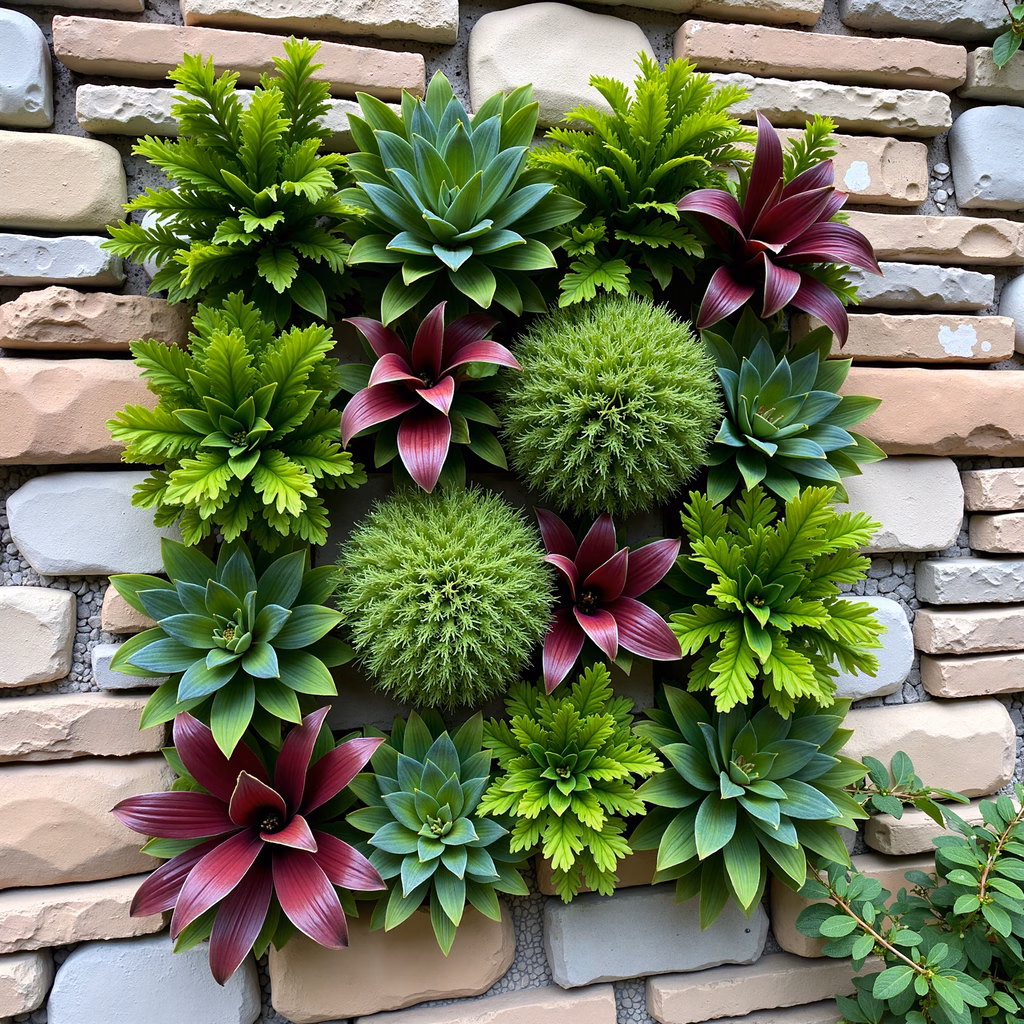Vibrant botanical illustration with succulents and magenta flowers on a textured brick wall.