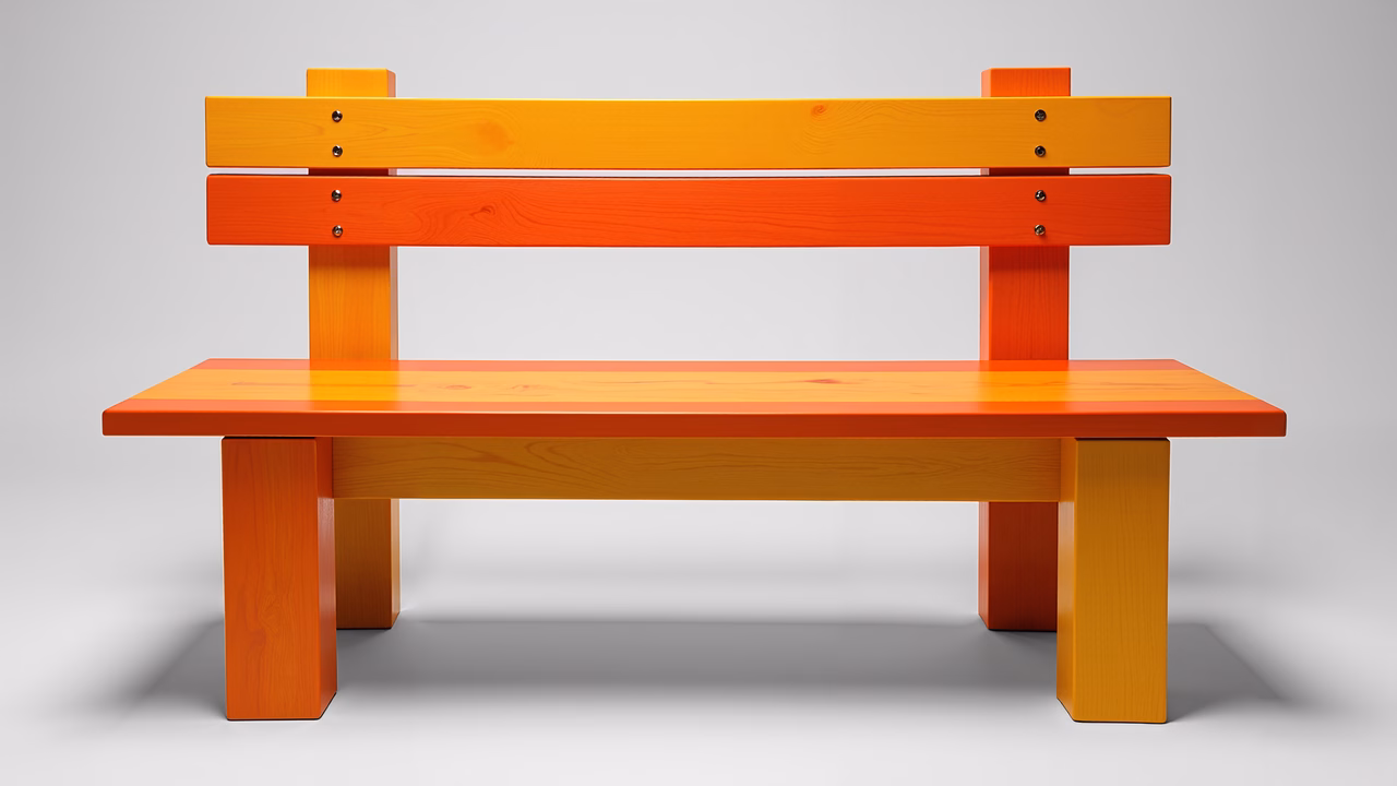 A modern wooden bench with vibrant orange and yellow tones, perfect for a cozy interior space.