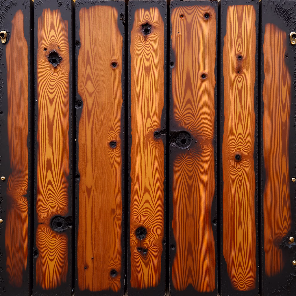 Detailed illustration of burnt wood panels with intricate grain patterns and warm tones.