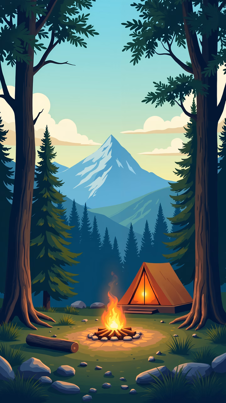 A cozy campsite with a glowing campfire and a tent set against a scenic mountain backdrop.