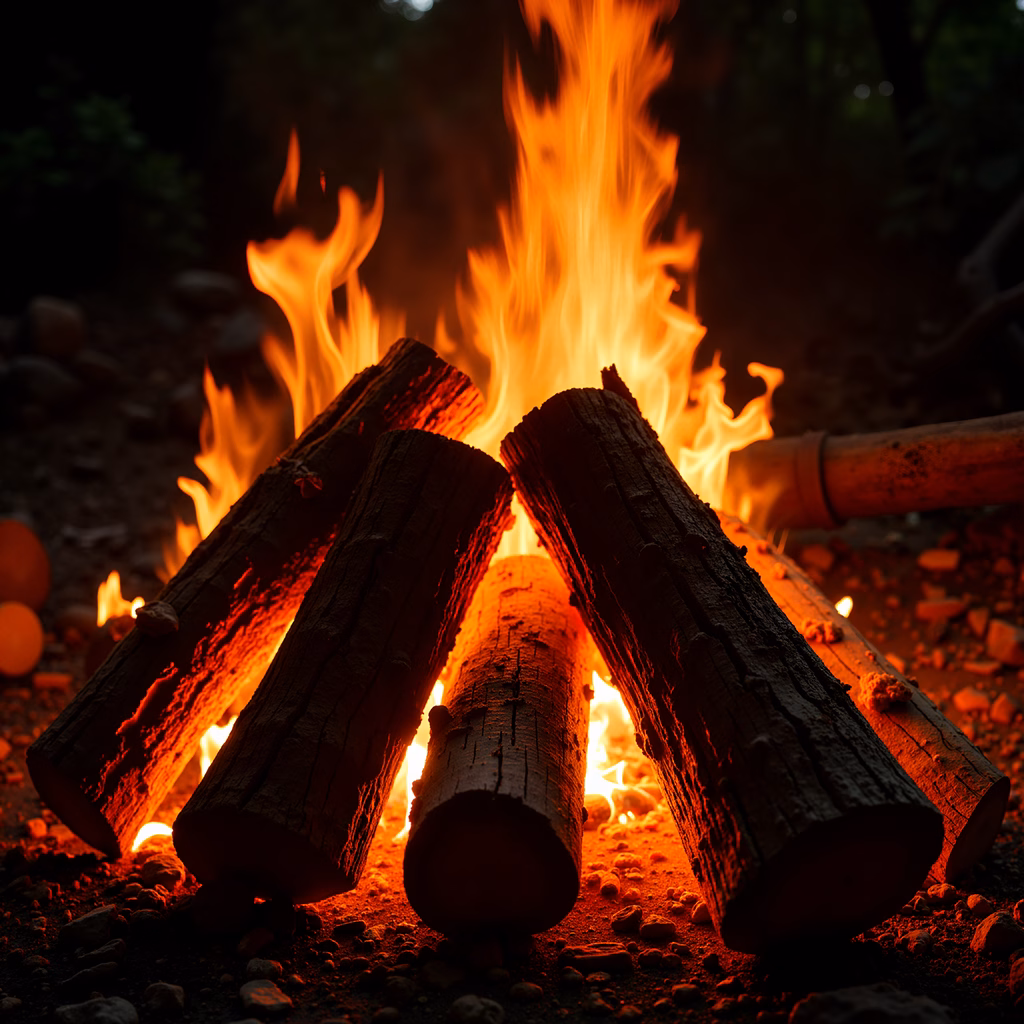 Close-up of a campfire glowing warmly against a dark, natural backdrop.