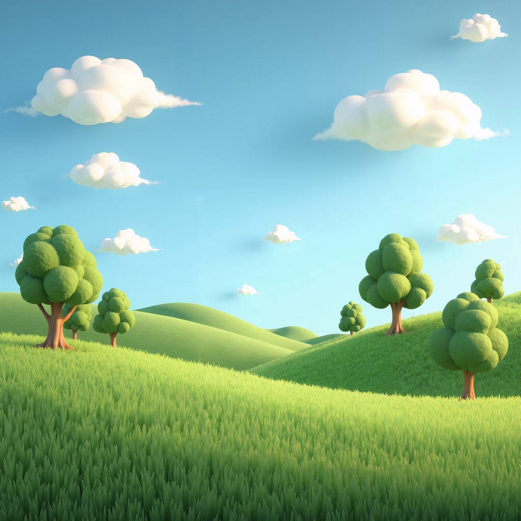 Whimsical cartoon landscape with rolling hills and fluffy clouds.