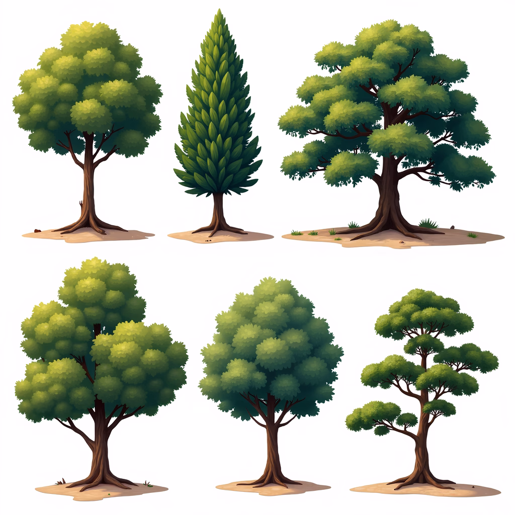 Vibrant, stylized trees with diverse foliage and trunks.