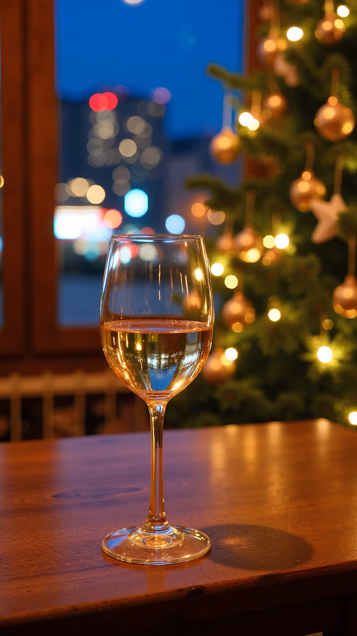 Elegant champagne glass by a glowing Christmas tree, capturing holiday cheer.
