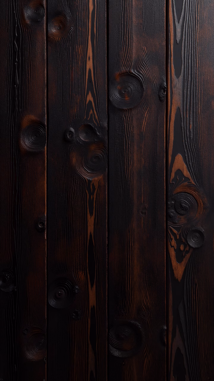 Close-up of charred wood planks with intricate grain patterns and knots.
