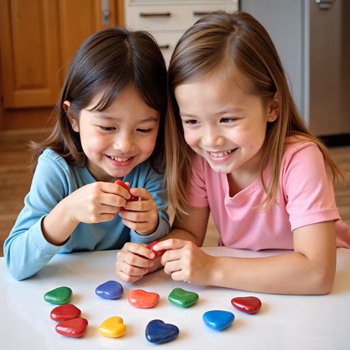 Children Playing with Colorful Heart-Shaped Stones