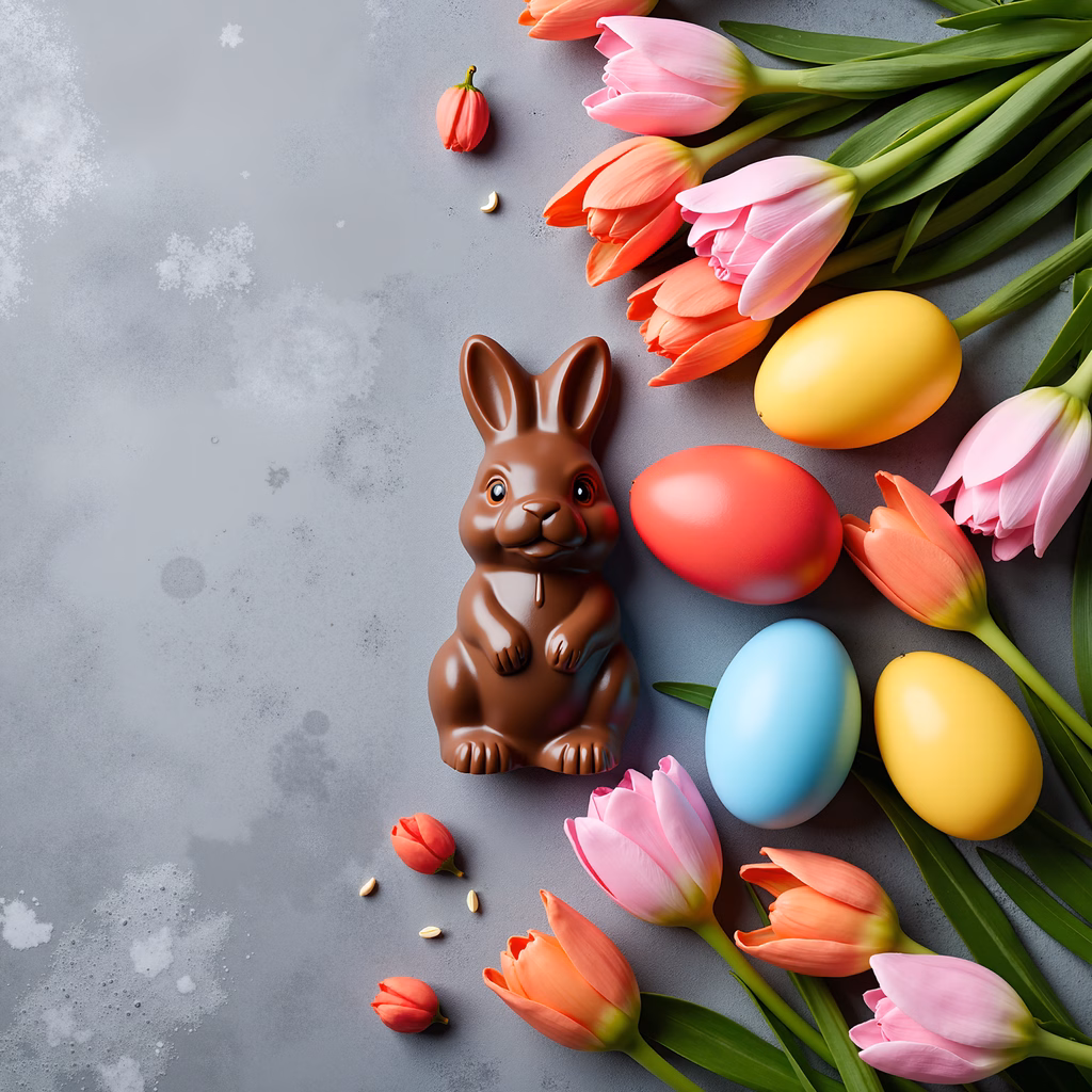 Chocolate bunny surrounded by tulips and Easter eggs on a textured gray background.