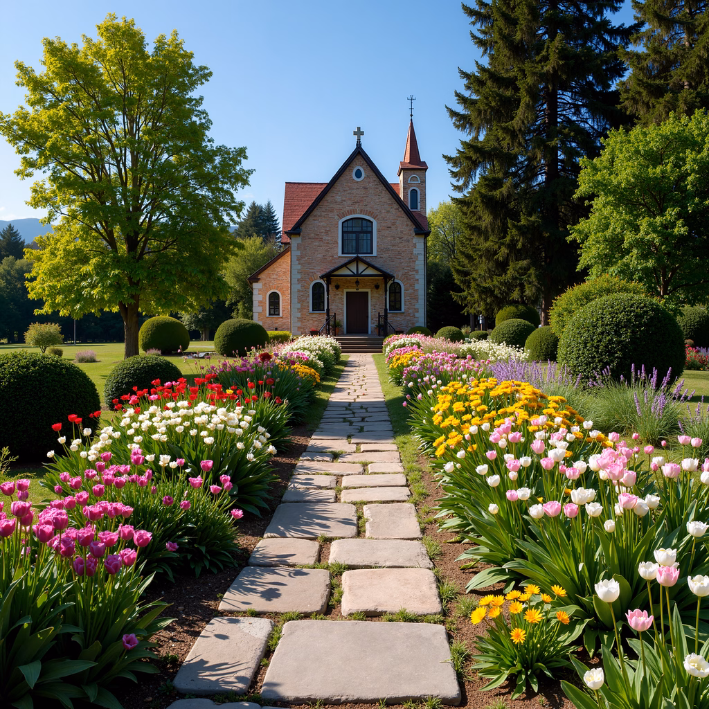 A picturesque church garden path adorned with colorful tulips, set against a tranquil backdrop.