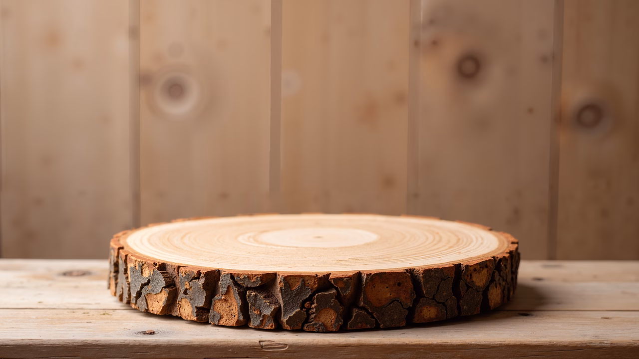 Close-up of a circular wooden plank with intricate annual rings and rugged bark texture.