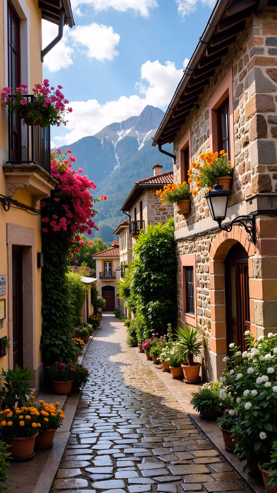 Cobbled Lane with Mountain View