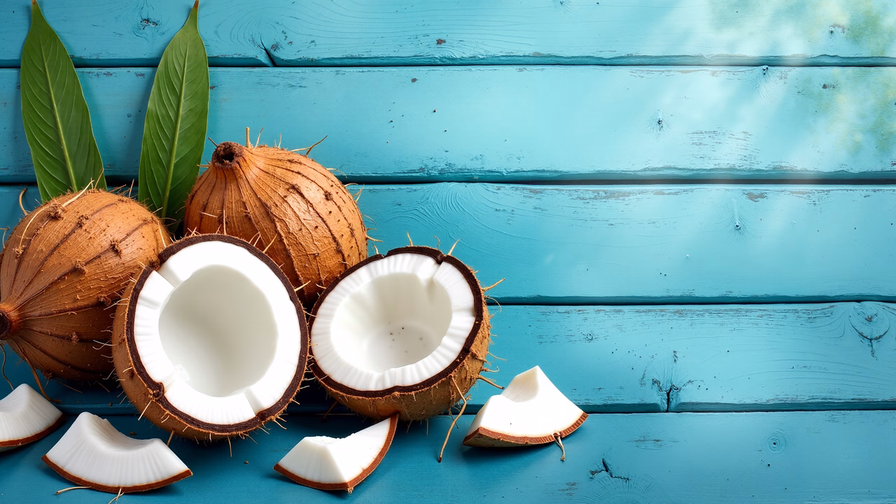 A coconut feast on a turquoise wooden table, showcasing natural textures and colors.