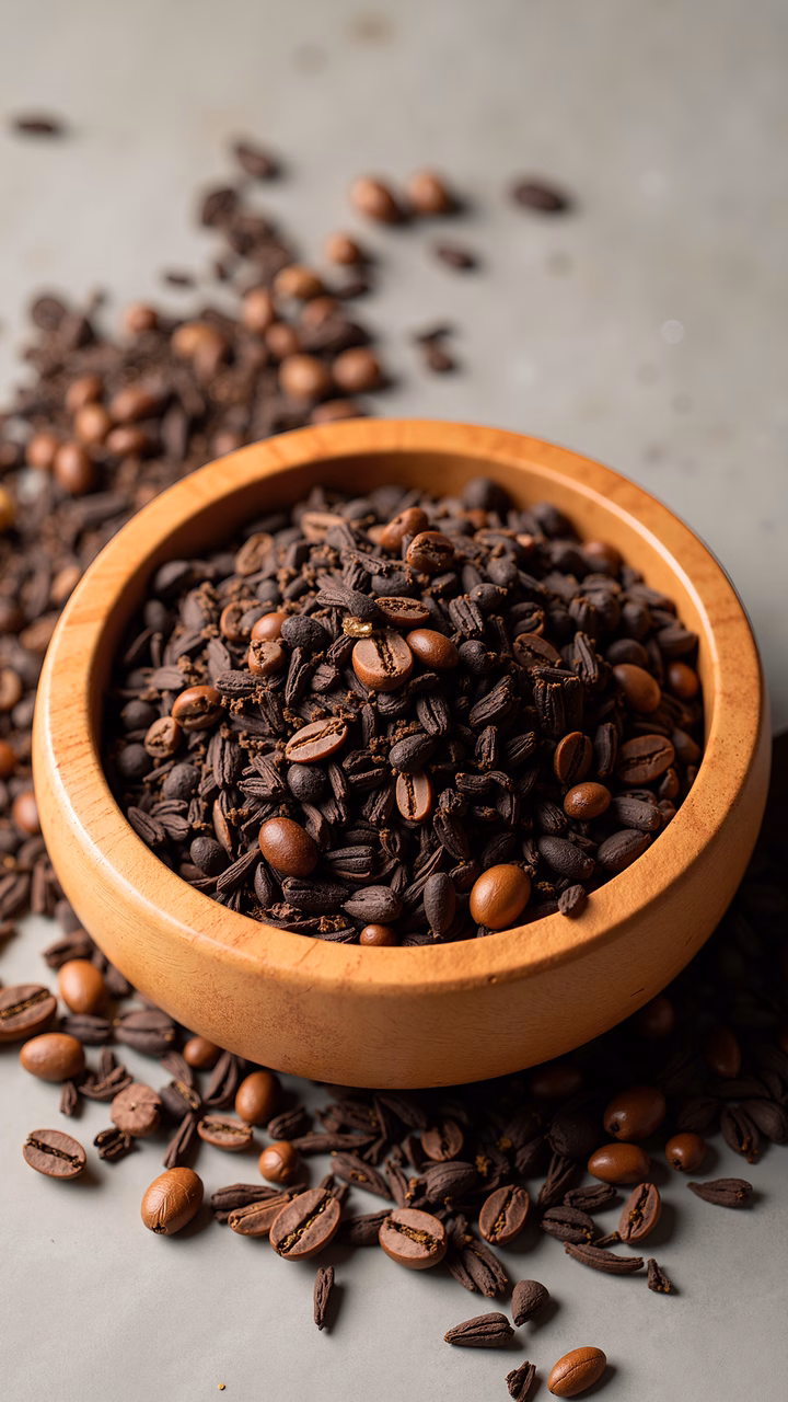 A wooden bowl filled with roasted coffee beans, set against a neutral background.