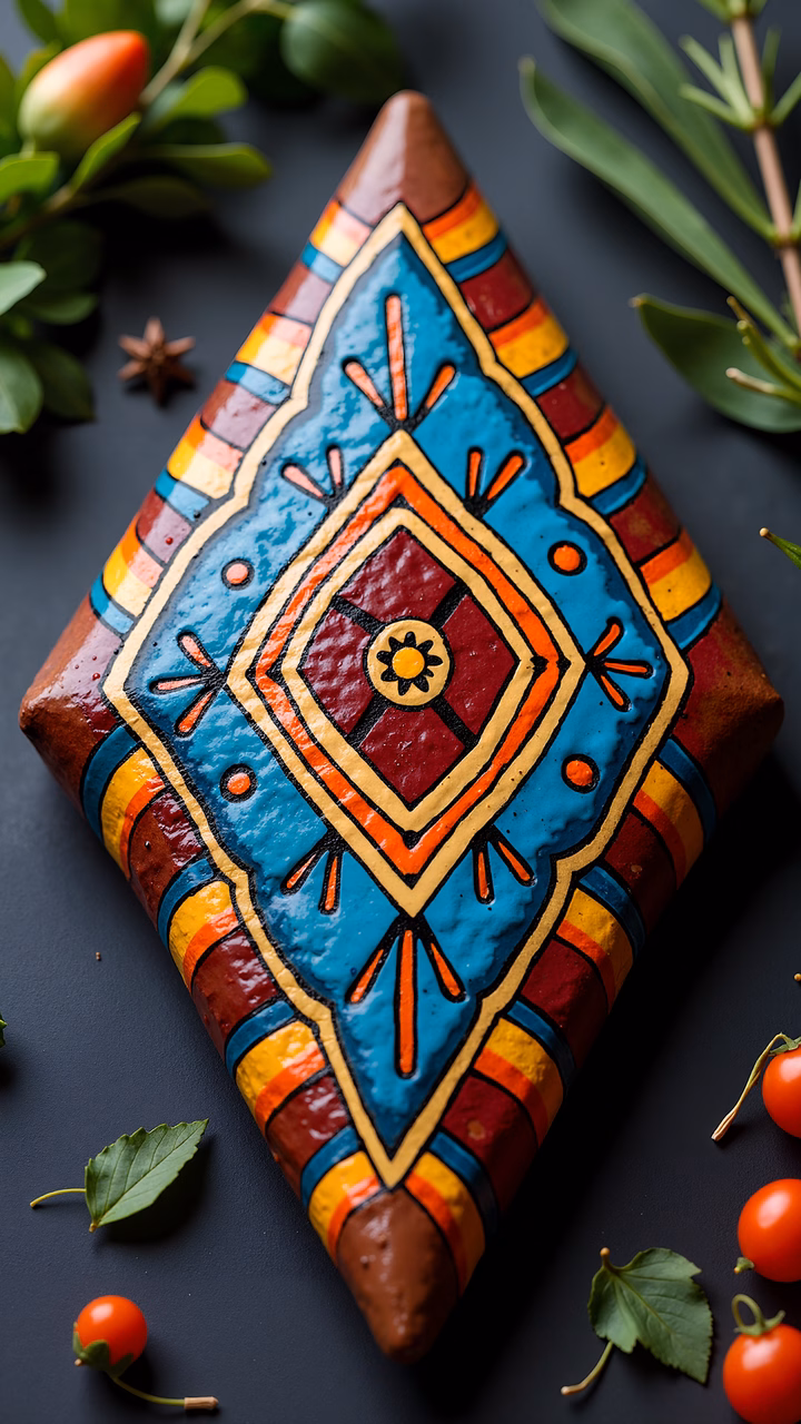 Vibrant ceramic tile with geometric folk art design, surrounded by natural elements.