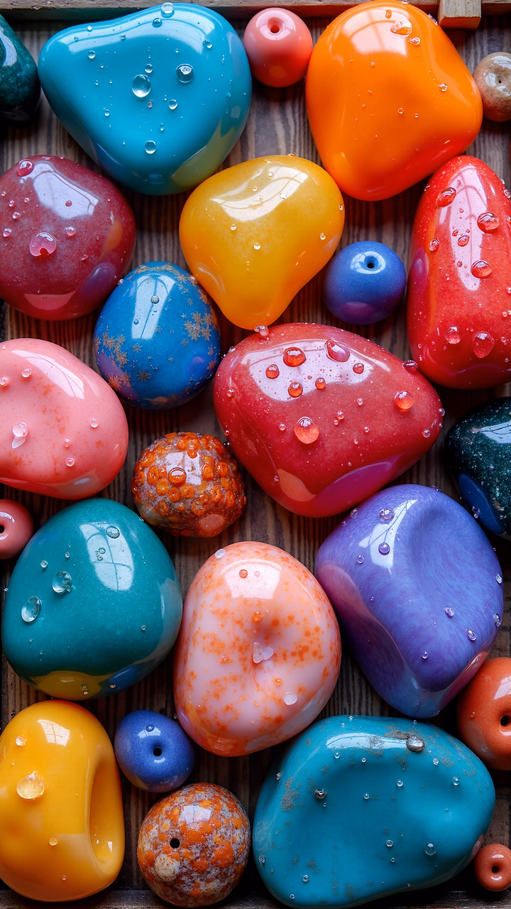 Vibrant gemstones with glossy surfaces and water droplets, creating a magical and enchanting scene.