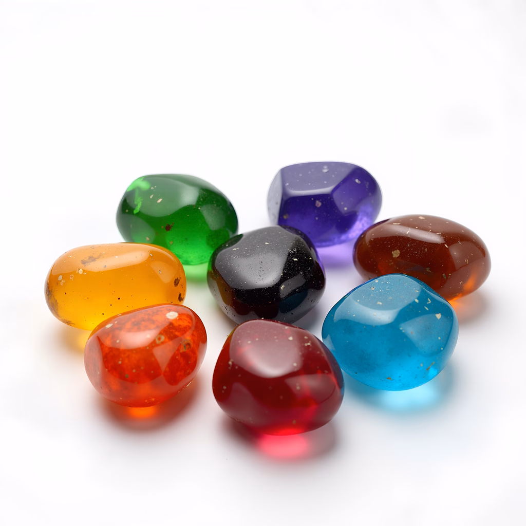Vibrant glass stones in a circular arrangement on a white background.
