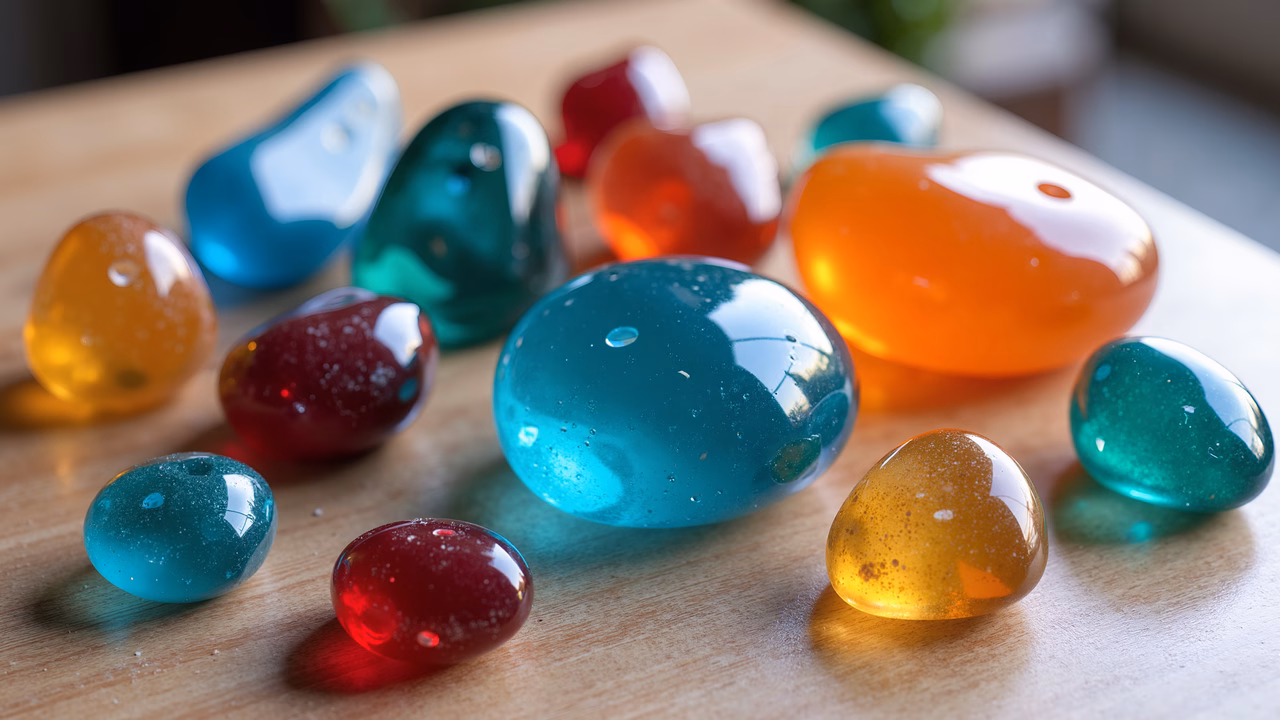 Vibrant glass stones on a wooden surface, reflecting light and creating a shimmering effect.