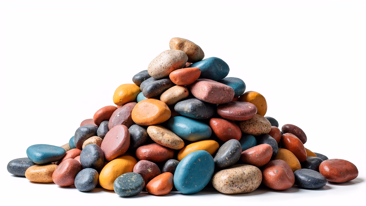 Vibrant pebble pile with diverse colors and textures on a white background.