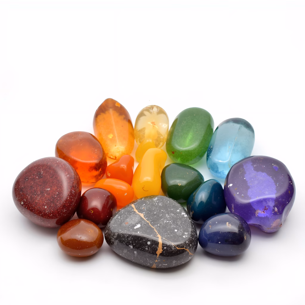 A collection of colorful, glossy stones arranged in a circular pattern on a white background.