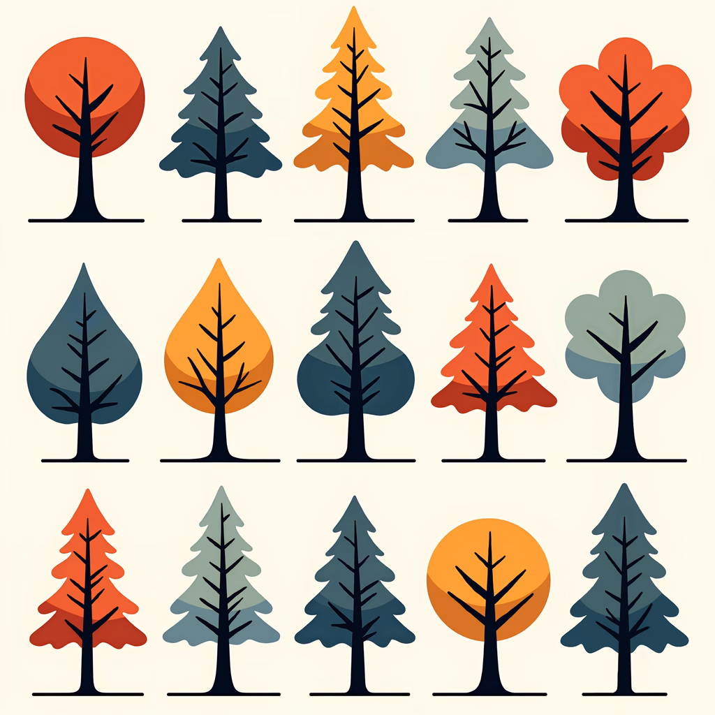 Vibrant, stylized trees in autumn colors on a neutral background.