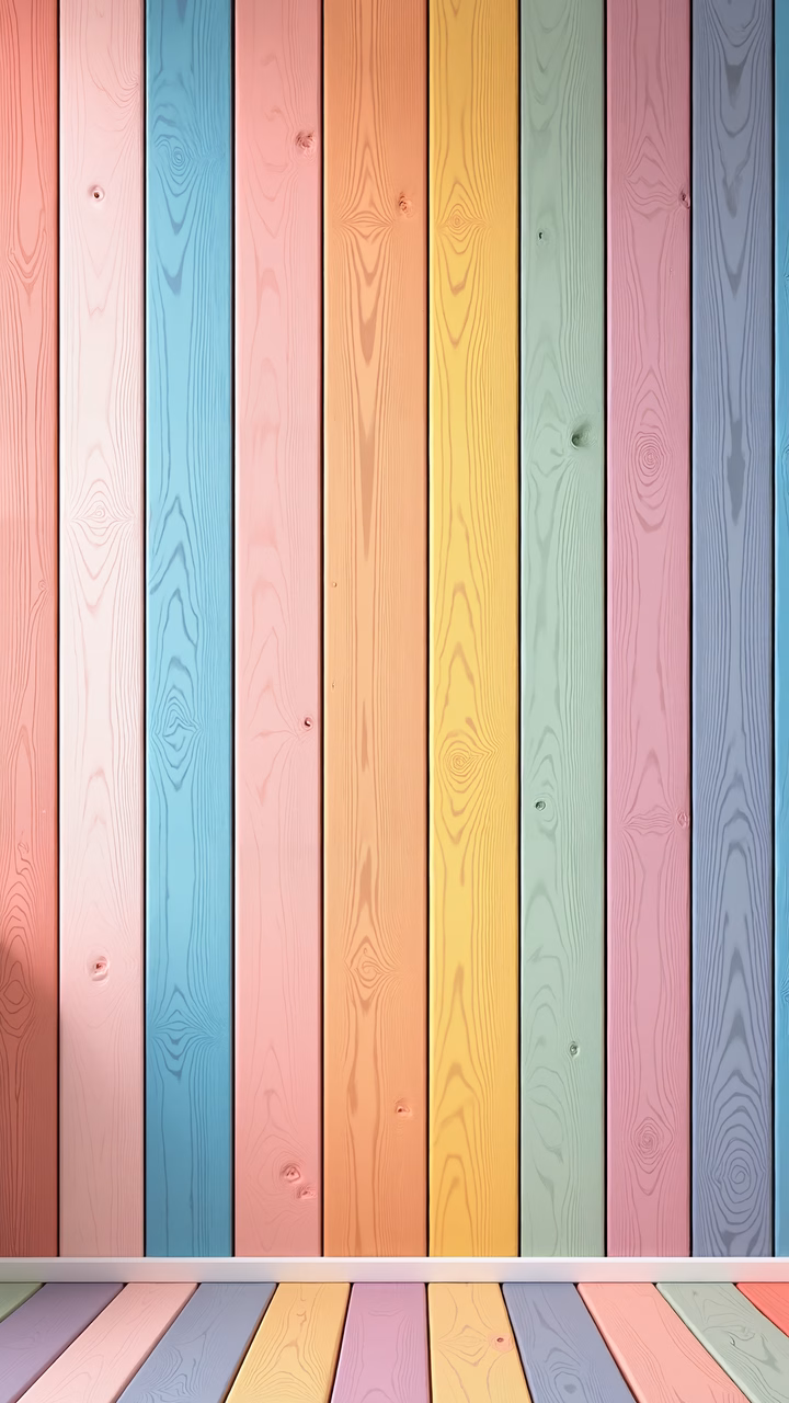 Vibrant pastel wooden panels creating a cheerful and nostalgic atmosphere.