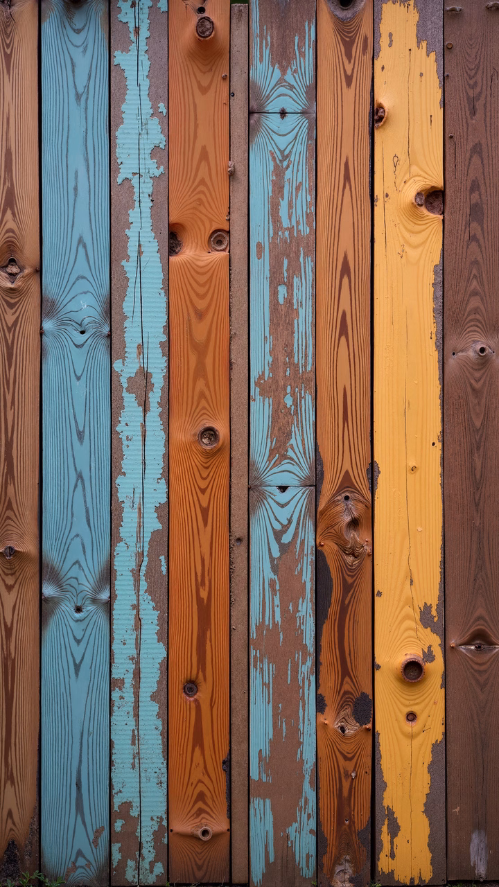 Vibrant wooden planks with peeling paint create a nostalgic and warm atmosphere.