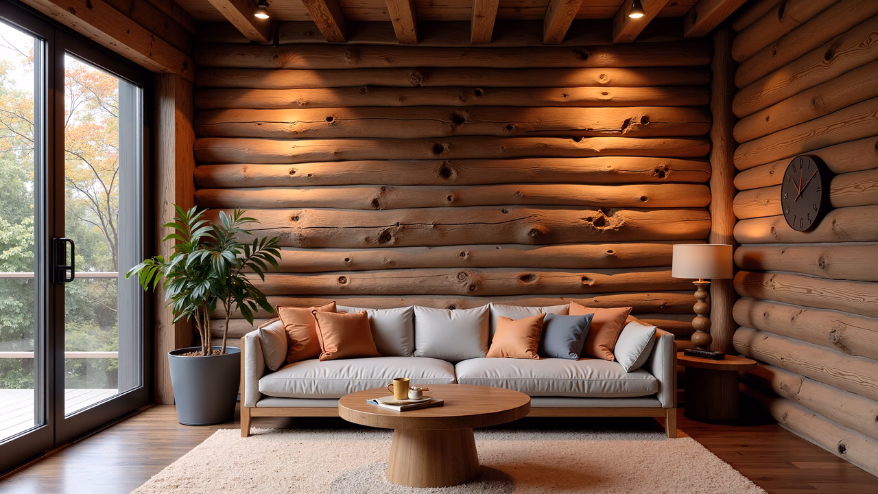Warm, rustic log cabin interior with natural light and comfortable seating.
