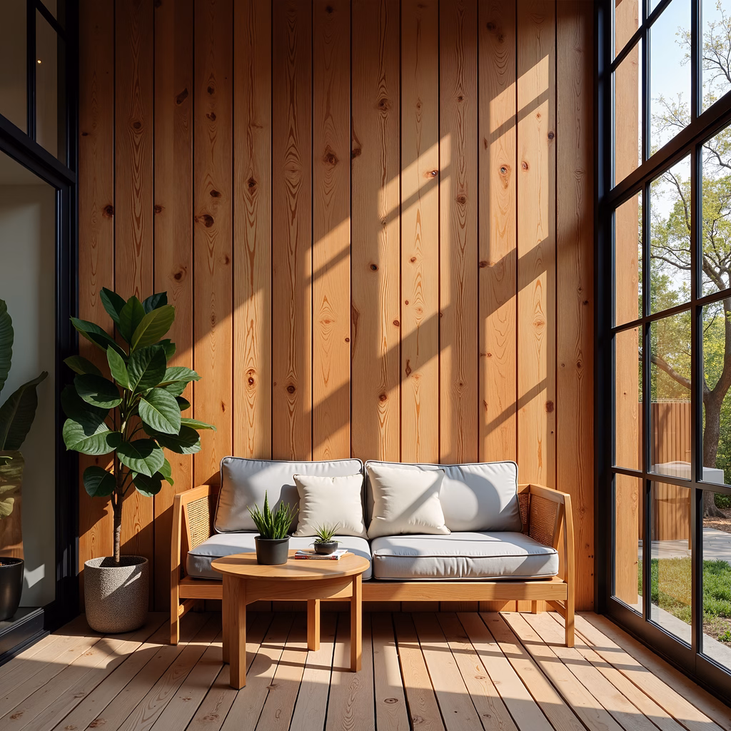 A cozy wooden retreat with a modern touch, featuring a comfortable sofa and large windows.