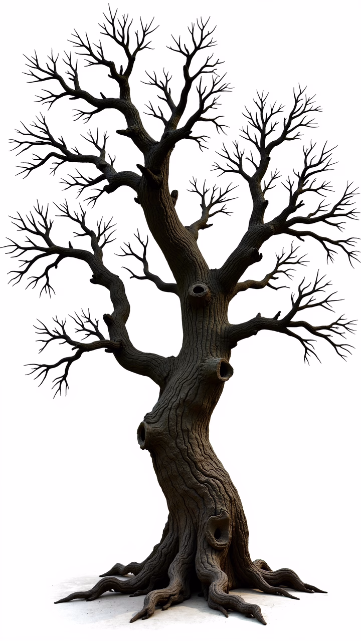 Dead tree with intricate branches and textured bark, evoking melancholy.