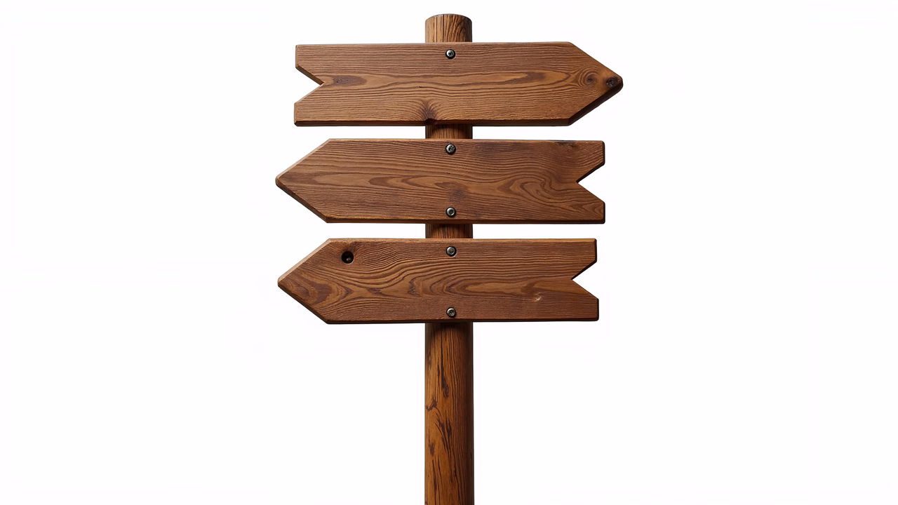 Rustic directional signpost with three arrow signs on a white background.