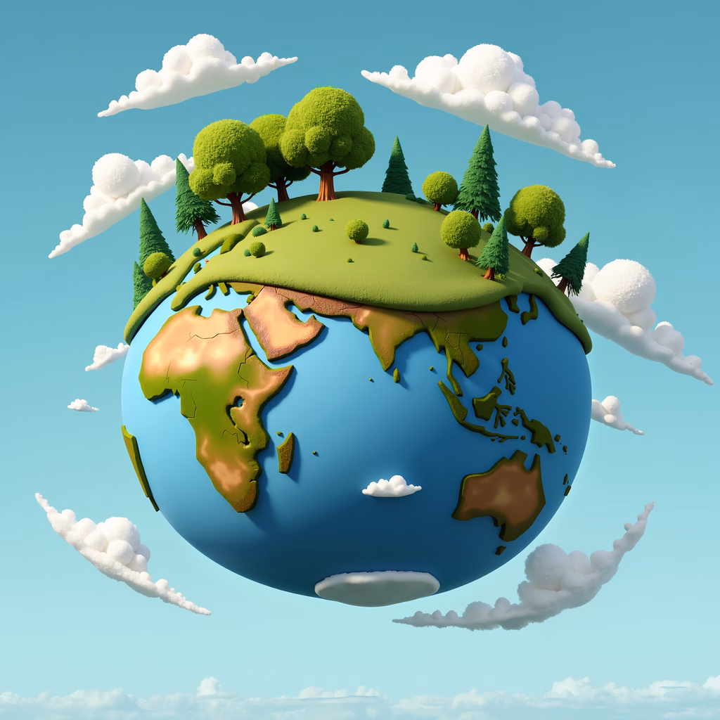 Stylized Earth globe with lush greenery and serene skies, symbolizing environmental harmony.
