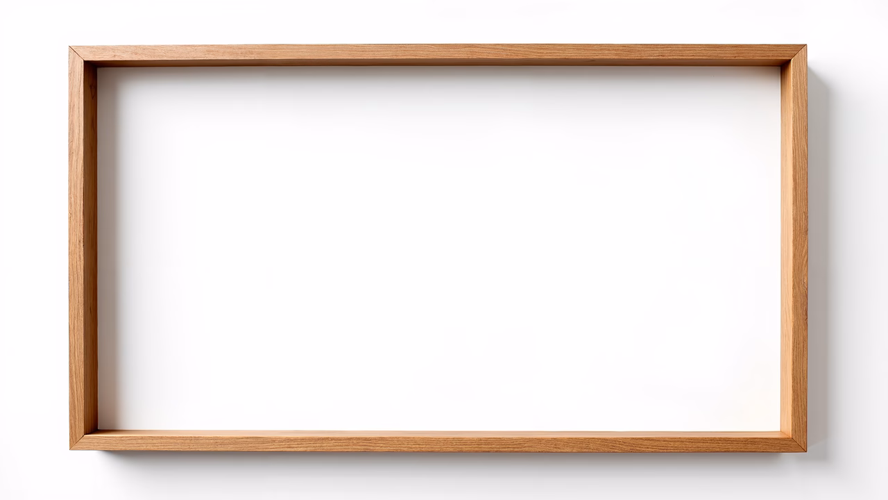 Minimalist wooden frame against a white backdrop, symbolizing simplicity and tranquility.