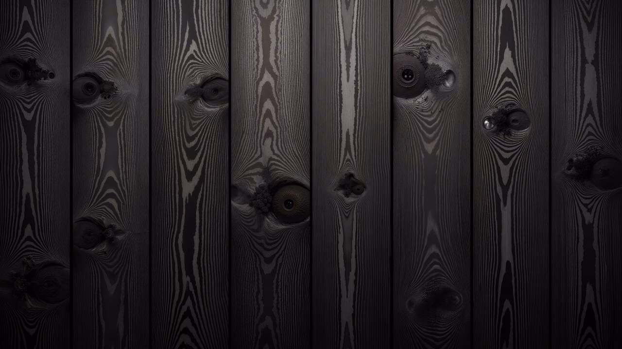 Surreal eyes hidden in textured wood planks, evoking mystery and unease.