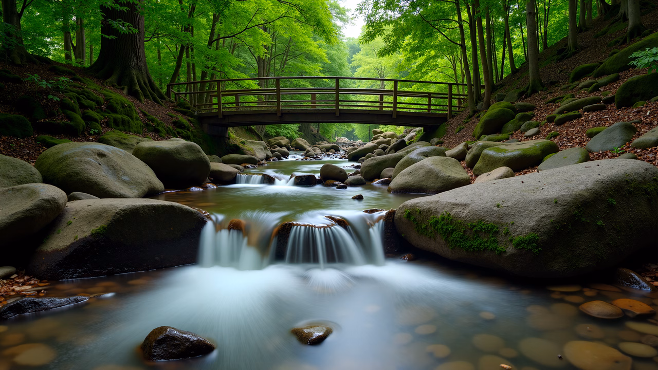 A tranquil forest stream with a bridge, surrounded by lush greenery and soft natural light.