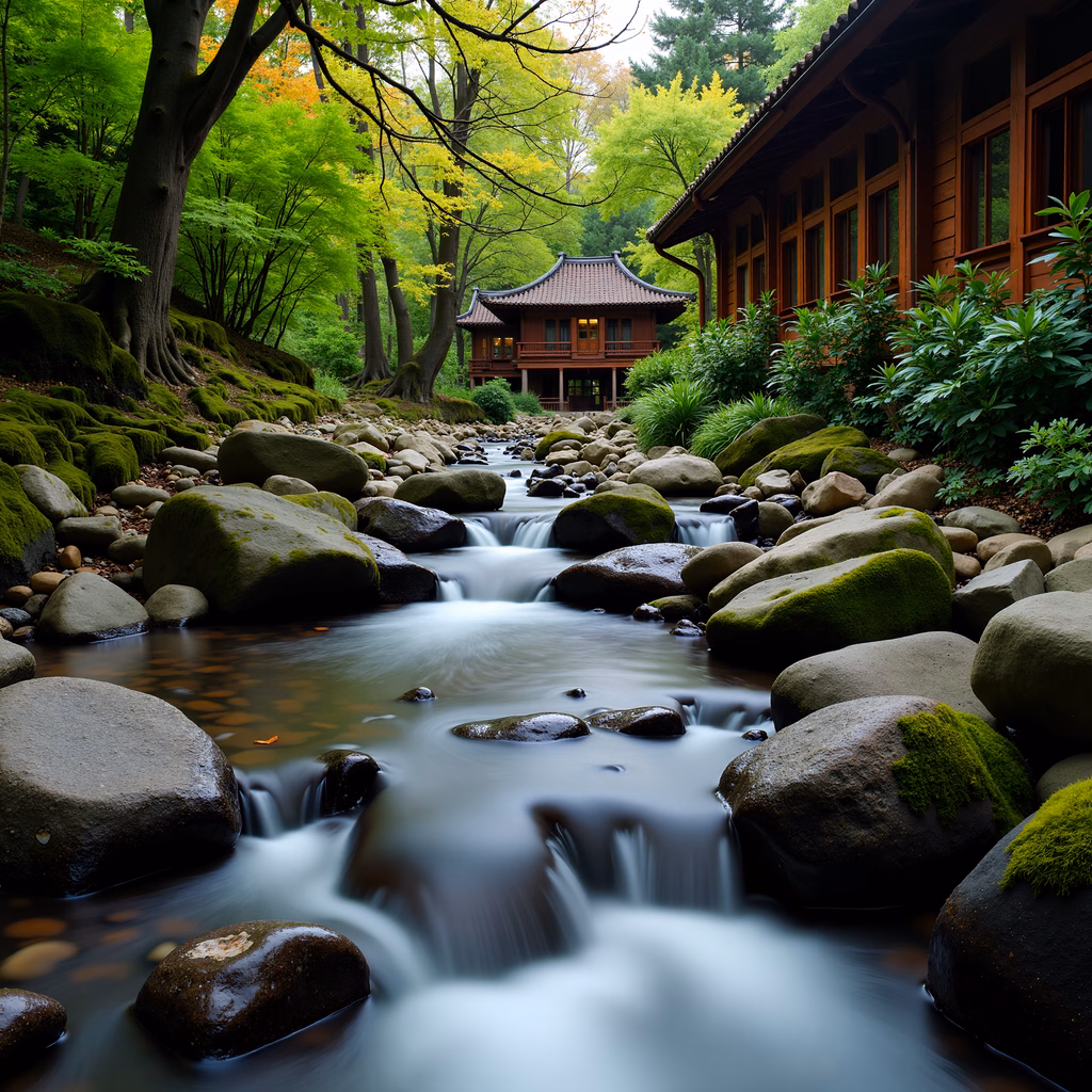 A peaceful forest scene with a flowing stream and a traditional pavilion.