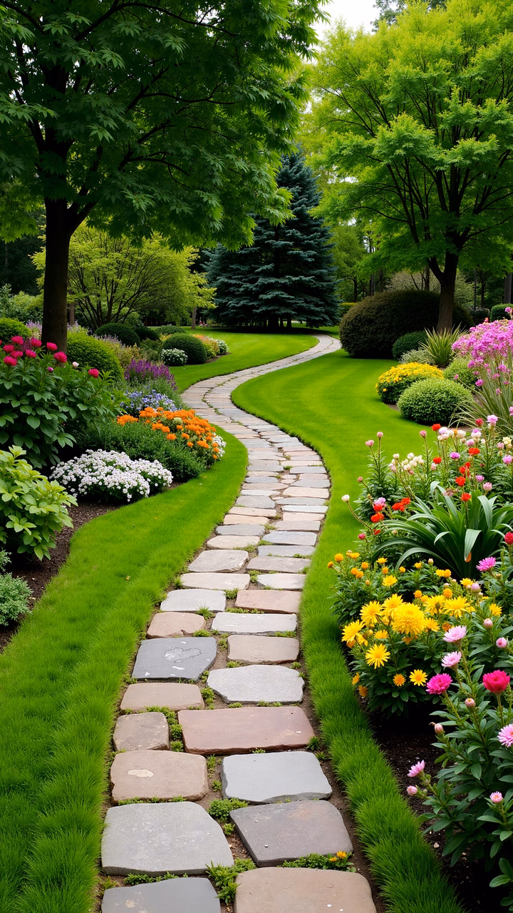 A tranquil garden path surrounded by colorful flowers and lush greenery.