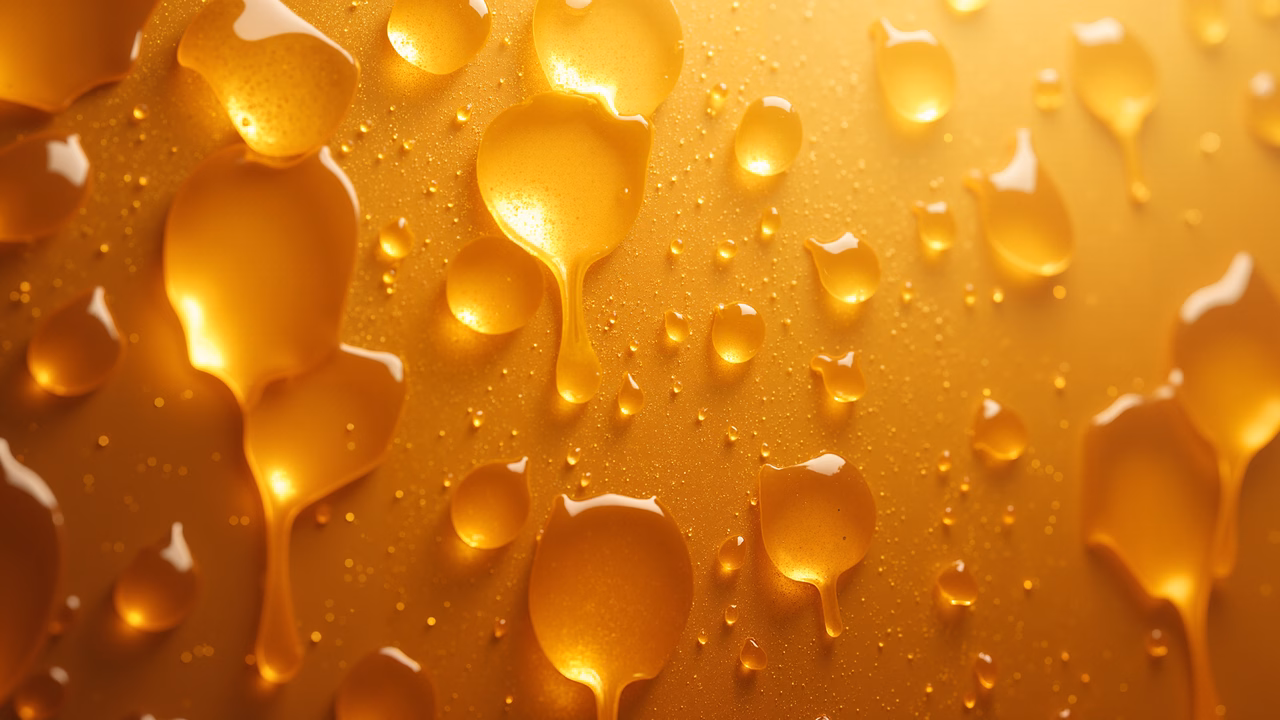Close-up of golden honey drops with glossy sheen, evoking indulgence and richness.