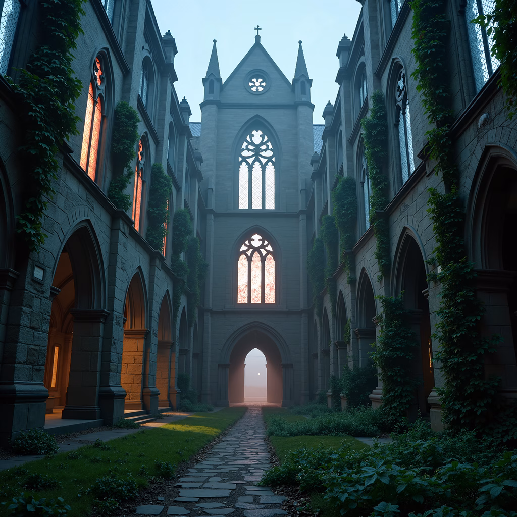 A peaceful Gothic cathedral courtyard bathed in sunlight, showcasing intricate architecture and lush greenery.
