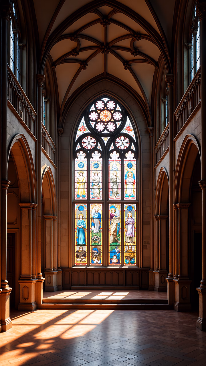 A peaceful Gothic cathedral interior with stained glass and natural light.