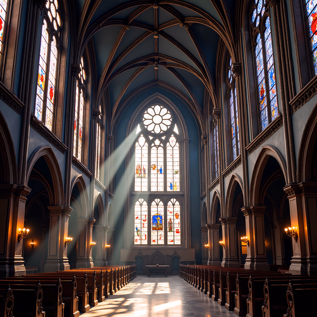 Elegant Gothic cathedral interior with stained glass and sunlight