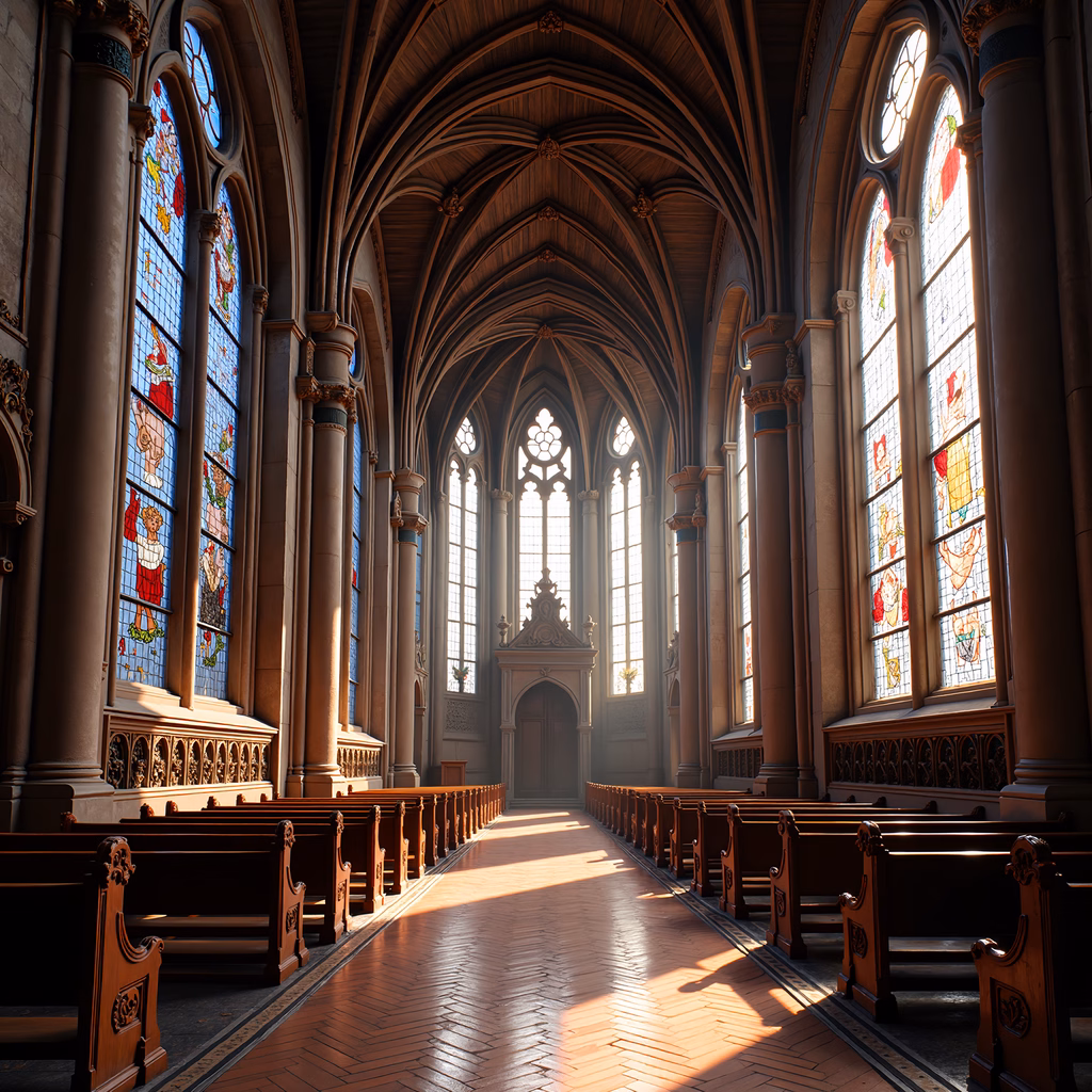 A serene Gothic cathedral interior with stained glass and wooden pews.