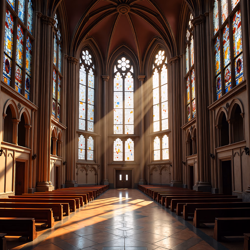 Grand Gothic cathedral interior with stained glass and sunlight streaming in.