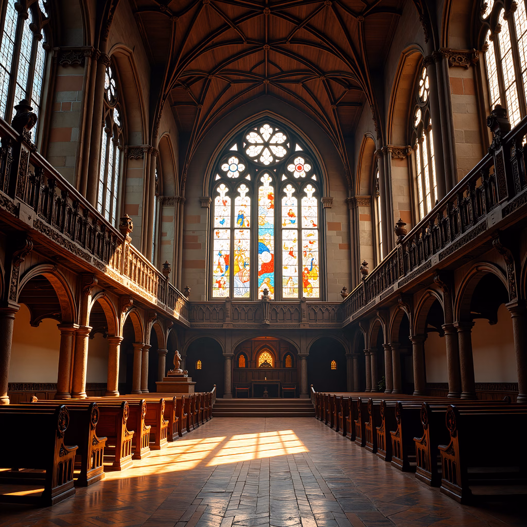 Serene Gothic chapel interior with stained glass and wooden pews, bathed in sunlight.