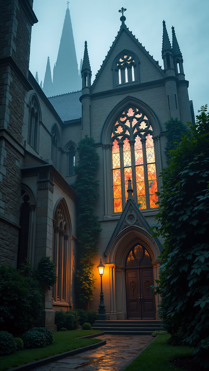 A Gothic church bathed in morning light, showcasing intricate architecture and vibrant stained glass.